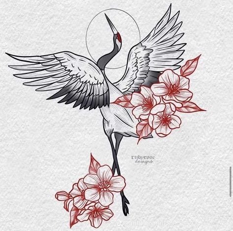 Crane With Cherry Blossom Tattoo, Japanese Crane Tattoo Women, Asian Style Flower Tattoo, Japanese Art Crane, Japanese Crane Back Tattoo, Bennu Bird Tattoo, Crane And Sun Tattoo, Cranes In The Sky Tattoo, Asian Bird Tattoo