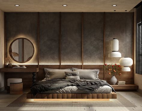 Bedroom Ideas Wabi Sabi, Bedroom Decor Wabi Sabi, Japandi Hotel Room, Split Level Bedroom, Japandi Interior Bedroom, Behance Interior Bedroom, Classy Bedroom Interior, Wabisabi Bedroom, Wabi Sabi Bedroom Decor