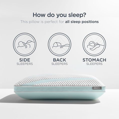 Revolutionize the way you sleep and wake up feeling completely refreshed with the TEMPUR-Adapt ProHi Cooling Pillow from Tempur-Pedic. The TEMPUR-Adapt ProHi Cooling Pillow features the highest quality materials and a unique design to keep you aligned and comfortable all night long. This Tempur-Pedic pillow's high-profile design is ideal for side sleepers or larger frames and offers unmatched personalized comfort. The exclusive TEMPUR Material precisely adapts to your head, neck, and shoulders t Cooling Pillow, Stomach Sleeper, Neck And Back Pain, King Pillows, Memory Foam Pillow, Sleeping Positions, Support Pillows, Best Pillow, Profile Design