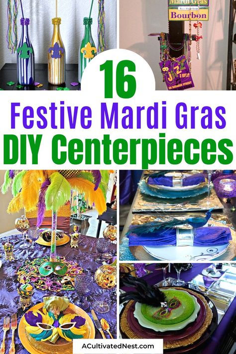 16 Beautiful DIY Mardi Gras Centerpieces- Let the good times roll! Elevate your Mardi Gras celebration with our collection of beautiful DIY Mardi Gras centerpieces. These eye-catching and budget-friendly ideas will turn your party into a colorful and festive extravaganza. | #MardiGras #DIYPartyDecor #diyProjects #crafts #ACultivatedNest Mardi Gras Centerpieces Diy Ideas, Mardi Gras Decorating Ideas, Mardi Gras Ball Table Decorations, Mardi Gras Christmas, Mardi Gras Table Setting, Mardi Gras Party Decorations Diy, Mardi Gras Centerpieces Diy, Mardi Gras Table Centerpiece Ideas, Diy Mardi Gras Decorations