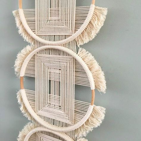 The beauty of fiber art is captured with these handmade modern wall hangings.  Three macrame circles are captured in a bold way with these modern wall hangings. The wall hangings will make a dramatic statement in any space and give any wall an art gallery feel.  Embrace the bold and modern look of fiber art.  DETAILS A Macrame Tapestry, Large Macrame, Wall Hanging Diy, Macrame Wall Art, Boho Macrame, Macrame Ideas, Macrame Knots, Macrame Projects, Macrame Design