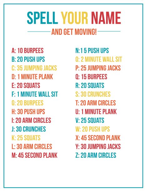 Busy moms need quick workouts that get the heart pumping. Your Name Workout is just that! Simply do the workouts associated with the letters of your name.  via @momontheside Your Name Workout, Name Workout, Spell Your Name Workout, Spell Your Name, Quick Workouts, Heart Pumping, Workouts For Teens, Summer Body Workouts, Fitness Routines