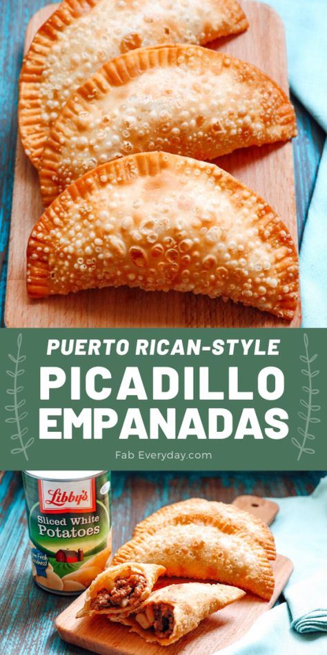 An adaptation of one of my family’s Puerto Rican recipes: shortcut Puerto Rican beef empanadas! These Puerto Rican picadillo empanadas are filled with a rich Puerto Rican-style ground beef and potato hash. Using Libby’s Sliced White Potatoes makes the prep a lot quicker and easier. Click or visit FabEveryday.com to recreate the recipe year-round and learn more about Libby’s Vegetables. This post is sponsored by Libby’s Vegetables. #ad #LibbysInternationalTable #LibbysRecipes Picadillo Recipe Puerto Rican, Puerto Rican Empanadas Recipe, Empanadas Puerto Rican, Puerto Rican Picadillo Recipe, Puerto Rican Picadillo, Picadillo Empanadas, Puerto Rican Empanadas, Puerto Rican Style, Beef Empanadas Recipe