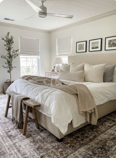 Magnolia Homes Joanna Gaines Master Bedrooms, Country Chic Master Bed, Accent Rug Over Carpet Bedroom, Hall Bathroom Update, Gray Scheme Bedroom, Master Bedrooms Decor Small Space, Bedroom Decor With Sitting Area, Grey And Creme Bedroom, Magnolia Homes Joanna Gaines Bedroom