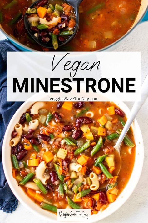 Vegan Minestrone Soup is loaded with fresh vegetables, beans, and pasta for a 30-minute, one-pot, complete and satisfying meal. It's easy to customize with whatever ingredients you have on hand. Vegetarian Minestrone Soup Recipe, Minestrone Soup Vegan, Canning Vegan Soup Recipes, Vegan Minestrone Soup Recipe, Instant Pot Vegan Soup, Vegan Soup Recipes Plant Based, Vegan Instant Pot Soup, Vegetarian Italian Soup, Vegan Soup Instant Pot