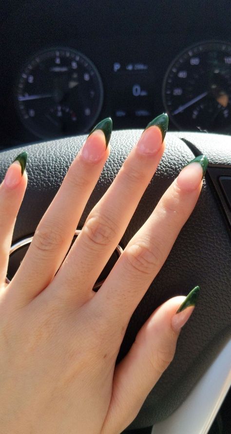 Hunter Green French Nails, Evergreen Almond Nails, Forest Green Nails Almond Shape, Forest Green Tips Nails, Nails That Match Dark Green Dress, Green Acrylics Almond, Almond Nails With Green French Tip, Evergreen French Tip Nails, Emerald Nails Acrylic Almond