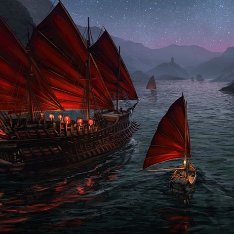 The fleet of  Zhèng Shì Ching Shih, Rune Knight, Pirate Boats, Pirate Queen, Pirate Art, Ship Paintings, Ghost Of Tsushima, Fantasy Places, China Art