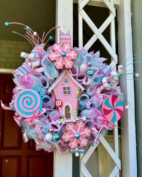 Colorful Gingerbread House Christmas Wreath! ❄️🍭🍬🍪🎄☃️🌨️This is one of my most interesting designs yet, filled with non-traditional color, but fully traditional Christmas spirit! Check out my etsy to purchase this adorable Christmas wreath, to add some color and fun to your holiday season. #christmaswreath #allseasonsdecor #allseasonsdec #allseasonsdeconetsy #etsyshop #decomesh #colorful #wreath #seasonalwreath #decor #seasonaldecor #winterwreath #winterdecor #wallhanger Candyland Wreath Diy Christmas, Diy Gingerbread Wreath, Candy Land Wreath, Candy Christmas Wreath, Gingerbread Office, Colorful Gingerbread House, Christmas Decor Cheap, Candyland Wreath, Ornament Wreath Diy