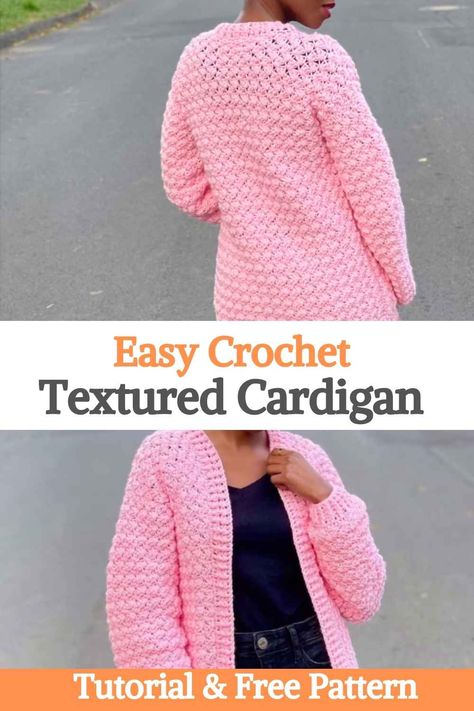 Easy Crochet Textured Cardigan Pattern Crochet Cargidan, How To Crochet A Cardigan, Crochet Cardigan Pattern Free Women, Cardigan Pattern Free, Easy Crochet Cardigan, Crocheted Sweaters, Cardigan Tutorial, Cardigan Sweater Pattern, Crochet Cardigan Free