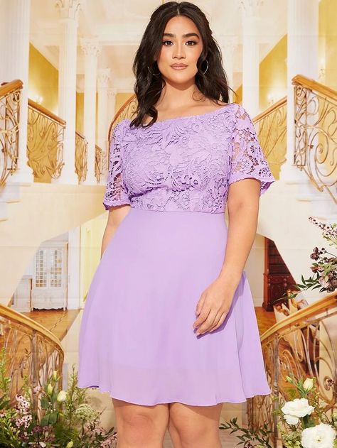 SHEIN Plus Boat Neck Lace Bridesmaid Dress | SHEIN USA Plus Size Wedding Party, Simple Lace Dress, Lace Dress Pattern, Lace Bridesmaid Dress, Wedding Party Wear, Chubby Fashion, Plus Size Bridesmaid, Lace Bridesmaids, Bridesmaid Dresses Plus Size