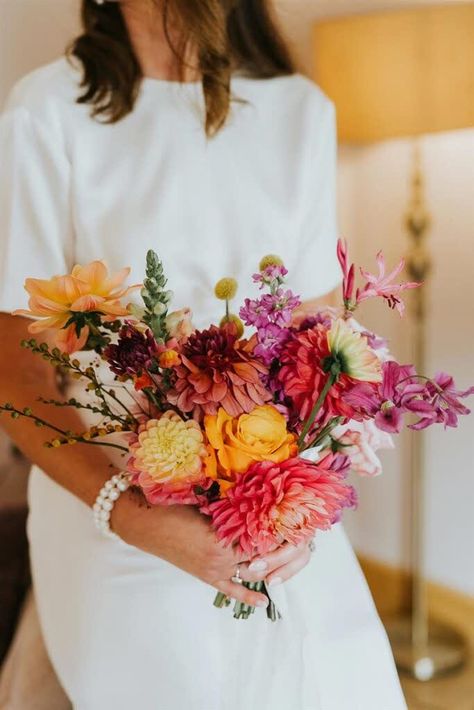 ANNA + TOM - SUSSEX WEDDING   See more from this gorgeous wedding at Pelham House in Sussex over on my blog. It was just the most chill and fun day. They told me the vibe was Working Man’s Club / Disco / Fun / Casual / Retro / Party. They managed to pull it off so well.   Venue Pelham House  Floristry Bryony Mae Flowers  Confetti Your Confetti  Decor Streamadelica  Dress Prea James via The Fall Suit Richard James Summer Wedding Floral Arrangements, Summer Bridal Bouquet, Prea James, Club Vibes, Colorful Bridal Bouquet, Bright Wedding Flowers, Sussex Wedding, Richard James, Fall Suit