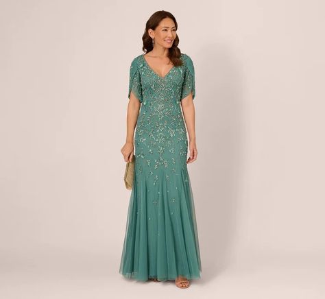 Grandmother of the Bride Dresses | Adrianna Papell Mermaid Long Dress, Petal Sleeves, Beaded Mermaid, Multicolor Sequins, Floral Embellishment, Ethereal Aesthetic, Plus Size Cocktail Dresses, Petal Sleeve, Mob Dresses