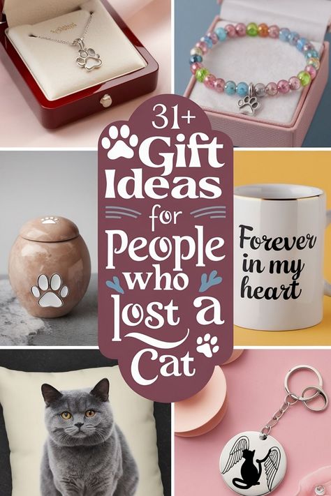 31+ gift ideas for people who lost a cat, featuring jewelry, mug, pet urn, cat photo, and keychain. Pet Memorial Ideas Cat, Cat Memorial Ideas, Loss Of A Cat, Pet Loss Gift Ideas, Cat Memorial Garden, Pet Memorial Ideas, Memorial Gift Ideas, Interactive Gifts, Dog Sympathy Gifts