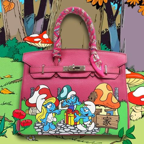 Smurf-tacular..! It's amazing what you find down in the woods 🌲 🔵 #smurfs #smurfsvillage #smurfsmovie #paintedbag #popart #popculture #commission #comimissionart #commissionsopen #luxurybag #luxuryliving #luxurylifestyle #luxurylife #want #need #angelusstyles #angelusdirect #boyardearthouse Louis Vuitton Suitcase, Custom Purses, Kirby Character, Handpainted Bags, Painted Bags, Custom Air Force 1, Pink Life, Diy Handbag, Womens Sandals Summer