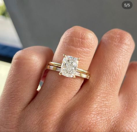 Gold Rectangle Engagement Ring With Extra Band, Elongated Cushion Ring With Wedding Band, Engagement Rings Elongated, Rectangle Wedding Rings Thick Band, Round Rectangle Engagement Ring, Gold Band Engagement Rings Rectangle, Radiant Engagement Ring With Thick Band, Elongated Radiant Engagement Ring Thick Band, Simple Dainty Engagement Rings