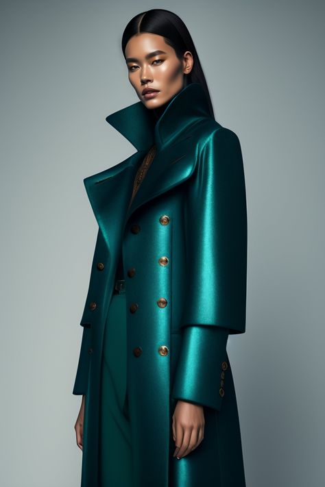 Lexica Luxury Cyberpunk Outerwear For Fall, Luxury Cyberpunk Fall Outerwear, Futuristic Long Sleeve Outerwear For Fall, Female High Fashion, Luxury Fitted Futuristic Outerwear, Sci Fi Trench Coat, Scifi Fashion, K Studio, Closeup Photo