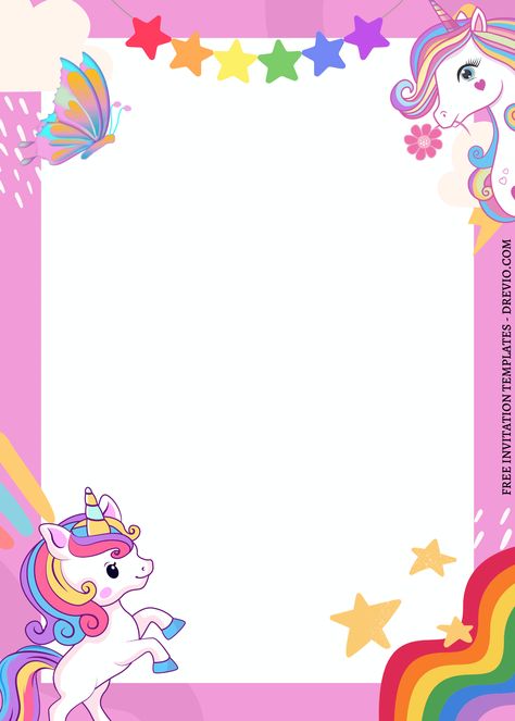 Free 11+ A Magical Celebration Unicorn Canva Birthday Invitation Templates The mythical beast known as the unicorn is undeniably popular. The unicorn can be found on stuffed animals, lunch boxes and bags, pajamas, unicorn planners, and even Starbucks' unicorn Frappuccino. So... Unicorn Border Design, Unicorn Border Frame, Unicorn Birthday Invitations Free, Unicorn Birthday Invitations Template, Unicorn Invitation Template, Page Borders Design Handmade, Unicorn Frappuccino, Unicorn Alphabet, Unicorn Template