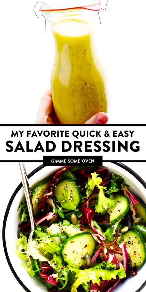 This basic salad dressing recipe is quick and easy to make, full of zippy fresh flavors, and versatile enough to go with just about any type of salad! You can opt to either make it with lemon juice or your choice of vinegar (to make it a vinaigrette), and feel free to add in extra herbs or sweetener too. | gimmesomeoven.com #salad #dressing #lemon #vinaigrette #glutenfree #vegan #healthy #vegetarian #mealprep Everyday Salad, Basic Salad, Healthy Dressing Recipes, Vinaigrette Dressing Recipe, Healthy Dressing, Salad Dressing Recipes Healthy, Salad Dressing Recipe, Easy Salad Dressing, Salad Dressing Recipes Homemade