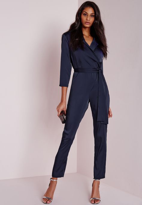 Silky Wrap Shirt Romper Navy Jumpsuit Outfit Wedding, Bridesmaid Jumpsuit, Bridesmaids Jumpsuits, Shirt Jumpsuit, Jump Suits, Kimono Pajamas, Shirt Style Tops, Satin Jumpsuit, Jumpsuit Blue