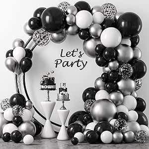 Black White Silver Balloons Garland Arch Kit,124pcs 18 12 10 5 In Black Silver Metallic Confetti Latex Balloons Arch Kit for Graduation Birthday Anniversary Decoration with Strip and Ribbon Glue Dot Black White Balloon Arch, Black And Silver Balloons, Black And White Balloons, Silver Balloons, Balloons Arch, Anniversary Decoration, Silver Confetti, Shimmer Wall, Silver Balloon