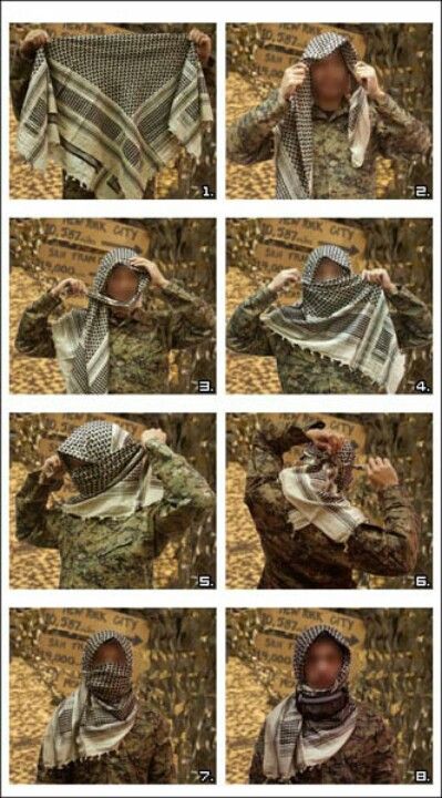 Tying a dessert scarf. Simple and good for protection from the elements. Desert Scarf, Tac Gear, Tactical Equipment, Tactical Survival, Tactical Clothing, Survival Life, Wilderness Survival, Military Gear, Camping Survival