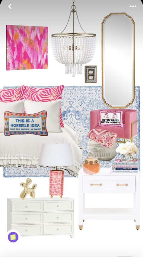 Hot Pink And Blue Room, College Dorm Wallpaper, Colorful Preppy Bedroom, Pink Orange And Blue Bedroom, Dorm Room Ideas Colorful, White Bedroom With Pops Of Color, White Room With Pops Of Color, Pink Headboard Bedroom Ideas, Pink And Blue Room Ideas