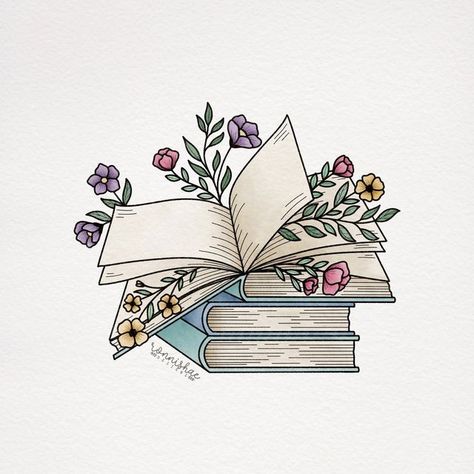 Books And Flowers Drawing, Book With Flowers Drawing, Books Drawing Aesthetic, Book Drawing Aesthetic, Bookworm Art, Books Drawing, Etsy Stickers, Arte Van Gogh, Book Tattoo