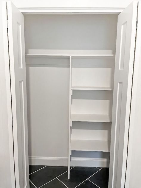 I converted our coat closet to a functioning storage space as a pantry closet, storage space and cleaning supplies storage. I included the link to my video where I show you step by step how I converted the coat closet to a pantry closet. Coat Closet Converted To Pantry, Pantry Cleaning Closet Combo, Turning Coat Closet Into Pantry, Transform Coat Closet, Pantry And Coat Closet Combo, Closet With Corner, Coat Closet Into Pantry, Cleaning Closet Ideas, Coat Closet To Pantry