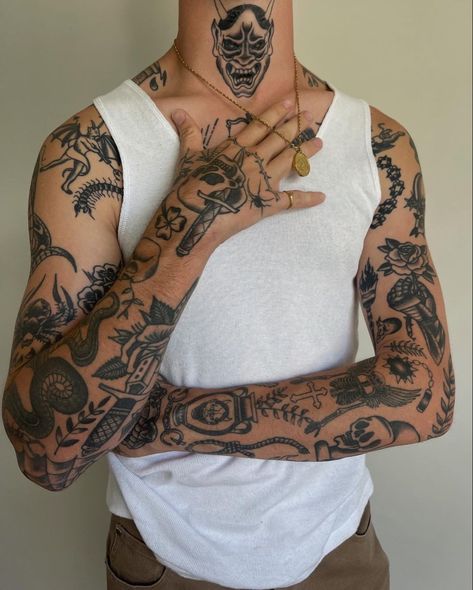 Patchwork Sleeve Men, Traditional Patchwork Tattoo, Patch Work Sleeve Tattoo, Old Style Tattoos, Old School Tattoo Sleeve, Boys Tattoo, Trad Tattoos, Tattoo Ideas Males, Patchwork Tattoo Ideas