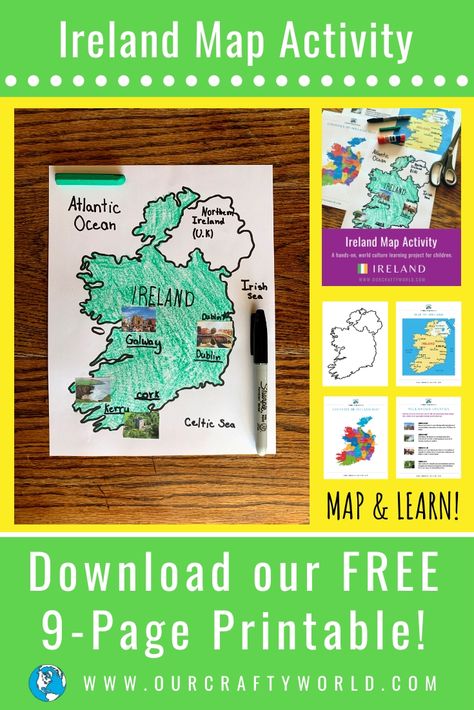 Children will label and color a map of Ireland in order to learn key geographical aspects of the country including the capital, bordering countries, bodies of water, and four well-known counties. Kids love maps!  #irelandcraftsforkids, #irelandcraftsforkidsactivities, #irelandcraftsforkidsartactivities, #irelandcraftsforkidsfreeprintables, #irelandcraftsforkidshomeschool, #irelandcraftsforkidsschools, #irelandcraftsforkidscurriculum Map Of Ireland Printable, Ireland Crafts For Kids, Ireland Crafts, Ireland Activities, Vpk Activities, Preschool Curriculum Themes, Around The World Crafts For Kids, March Preschool, Map Of Ireland