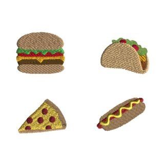 Mini Embroidery Designs from SewChaCha Taco Embroidery, Pizza Taco, Dog Pizza, Hot Dog Pizza, Food Hamburger, Dog Embroidery Designs, Kitchen Walls, Embroidery Design Sets, Mini Dogs