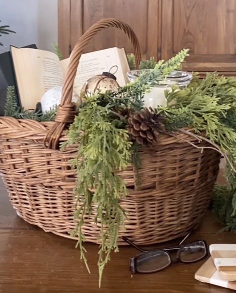 Decorating With Baskets On Shelves, Winter Basket Decor, Basket With Handle Decor Ideas, Large Basket Decor Ideas, Christmas Basket Decor, How To Decorate With Baskets, Detroit Christmas, Decor With Baskets, Basket Decor Ideas