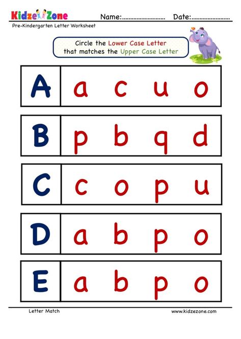 Letter Matching Upper Case to Lower Case  A to E Upper Case Lower Case Activities, Letter Matching Preschool, Lower Case A, Letter Matching Worksheet, Letter Worksheets Kindergarten, Upper Case Letters, Matching Worksheets, Letter Worksheets, Letter Matching