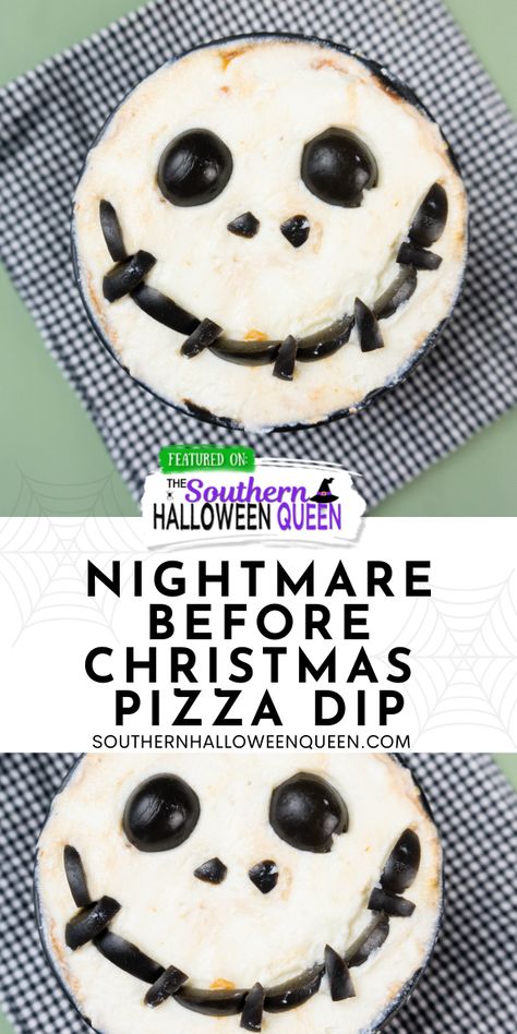 Pizza sauce, pepperoni, ricotta cheese and black olives make up this fun Nightmare Before Christmas Pizza Dip for Halloween or anytime of year! via @southernhalloweenqueen Nightmare Before Christmas Food Recipes, Nightmare Before Christmas Appetizers, Nightmare Before Christmas Recipes, Nightmare Before Christmas Food, Nightmare Before Christmas Movie Night, Nightmare Before Christmas Kids, Christmas Pizza, Nightmare Before Christmas Movie, Pretzel Crisps