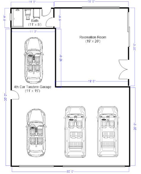 3 Car Garage Dimensions, Detached Gym Garage, Detached Garage With Bathroom, Three Stall Garage, Garage With Shop Plans, 3 Car Garage With Workshop, Garage 4 Car, 3 Car Tandem Garage Ideas, Two Car Garage Ideas Interior