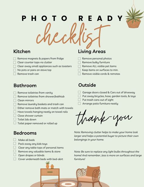 Want to make a great first impression on real estate buyers? Then check out our step-by-step guide to getting your property ready for its close-up with my photography checklist. It is also fully customizable through Canva to add your name, phone, and business information. You can send this to your client via email, or print it to put into your listing packet. You can add your own items to the list and change colors through Canva.com with a free or paid subscription. In order to make changes to the checklist you must have at least the free canva.com subscription. ---------------------------- I wanted something simple to give to my clients and still get my point across about what needed to be done to get the house ready for the photographer to take the real estate photos.  ~Kristin L. Real Estate Checklist For Buyers, Listing Packet Real Estate, Photography Checklist, Realtor Life, Money Saving Methods, Real Estate Buyers, Home Photography, Selling Tips, How To Clean Mirrors