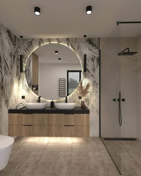 Modern Cosy Bathroom, Funky Wallpaper Bathroom, Washroom Wallpaper, Wallpaper Guest Bathroom, Funky Bathroom Wallpaper, Funky Bathrooms, Funky Bathroom Ideas, Cosy Bathroom, Funky Bathroom