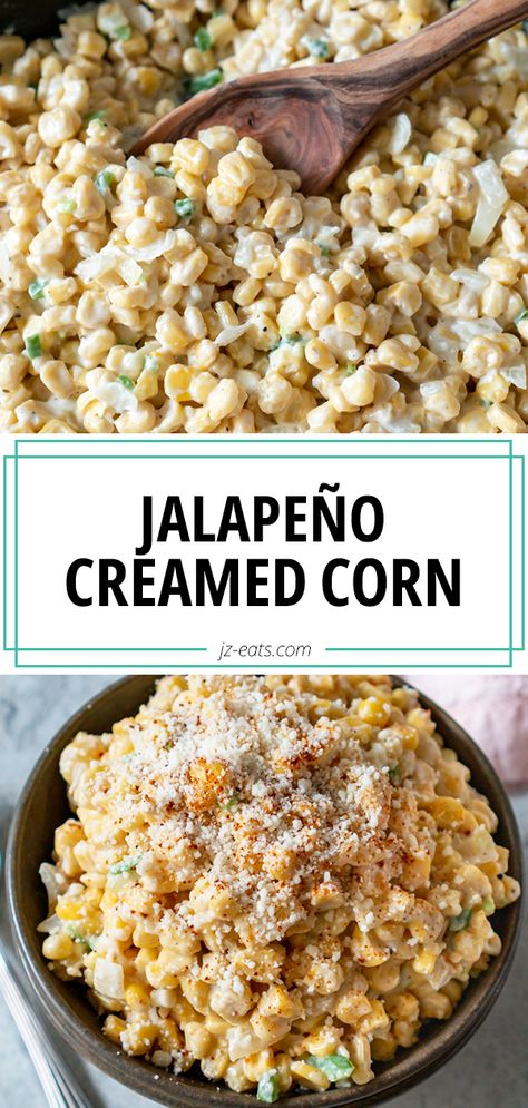 creamed corn in a skillet with a wooden spoon Jalapeno Cheesy Corn, Jalapeño Corn Coleslaw, Creamy Jalapeño Corn, Corn With Cream Cheese And Jalapenos, Spicy Southern Hot Corn, Jalapeno Sweet Corn, Jalapeno Cream Cheese Corn, Jalepeno Cheesy Corn, Crockpot Corn With Jalapenos