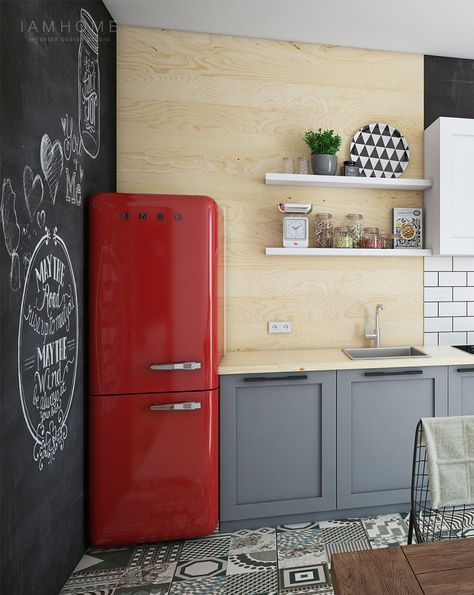 Red Fridge Kitchen, 50s Style Kitchens, Red Fridge, Fridge Kitchen, Smeg Kitchen, I Am Home, Серая Кухня, Dark Grey Kitchen, Retro Appliances