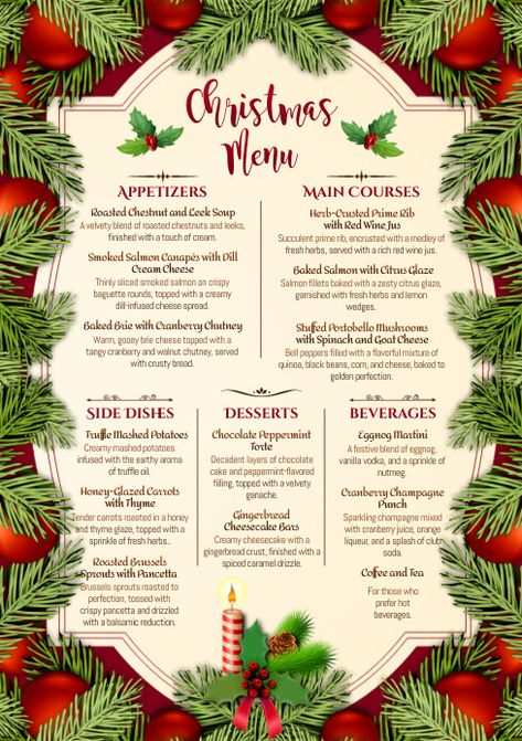 Christmas Menu Ideas Printable Template Christmas Menu Ideas, Christmas Eve Dinner Menu, Christmas Lunch Menu, Christmas Dessert Menu, Christmas Menu Design, Smoked Salmon Canapes, Christmas Menu Template, Christmas Menus, Xmas Menu