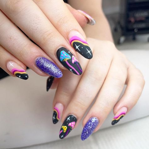 mushroom nails, 70s nail art designs, mushroom nail designs, mushroom nail art ideas, trippy mushroom nails, psychedelic mushroom nails, hippie nails, swirl nails, summer nail designs 2022, summer nails 2022, drippy nails, hippie nails 2022, psychedelic mushroom and swirl nail designs, trippy nails, hippie mushroom nails, psychedelic nail art Nail Ideas For Couples, Black And Pink Nails, Mushroom Nail Art, Nail Design Gold, Mushroom Nails, Black Mushroom, Purple Nail Art, Hippie Nails, Stylish Nails Designs