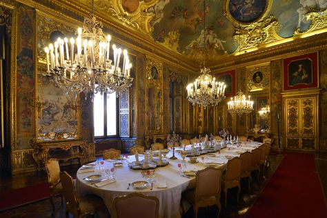 Golden dining room | Today the Royal Palace of Turin is a mu… | Flickr Royal Dining Room Aesthetic, Palace Dining Room, Royal Dining Room, Royal Dining Table, Royal Table, The Royal Palace, Royal Blood, Royal Residence, Royal Palace