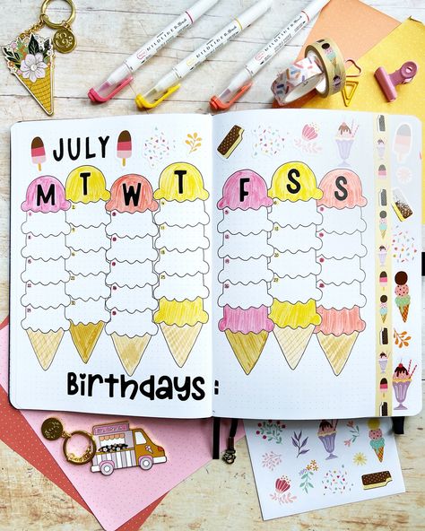 🍦𝗝𝘂𝗹𝘆 𝗠𝗼𝗻𝘁𝗵𝗹𝘆 𝗣𝗮𝗴𝗲 My bullet journal theme this month is ice cream! ⇨ 𝗦𝘄𝗶𝗽𝗲 𝘁𝗼 𝘀𝗲𝗲 𝗶𝗻 𝗳𝘂𝗹𝗹 I have had fun using an old @archerandolive monthly kit and a new @oopsadaisyuk stencil for this page. I also included space for birthdays so I don’t miss any in the chaos of school holidays 😝 Love how this page turned out - it’s more decorative than some of my monthly spreads but still practical! #bujocommunity #bujoinspo #bujoinspire #bujoinspiration #bujonewbie #bujobeginner #bujojunkie #bujo... Ice Cream Bullet Journal, Bujo Monthly Spread, Journal 2025, Bujo Layout, Bullet Journal Themes, Journal Inspo, Journal Themes, Bujo Inspiration, Bullet Journal Inspo