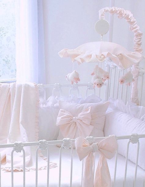 Powder Pink 4 Piece Crib Bedding Set – Blueberrie Kids White Nursery With Pink Accents, Pink Crib Nursery, Pink Bow Nursery, Coquette Nursery, Baby Pink Nursery, Gingham Nursery, Pink And White Nursery, Crib Bows, Pink Girl Nursery