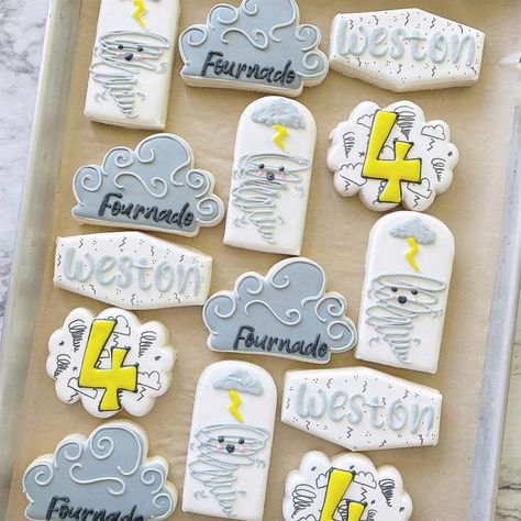 Fournado Cookies, Twonado Birthday Cookies, Weather Birthday Cake, Twonado Cookies, Tornado Cookies Decorated, Twister Birthday Party Ideas, 4 Nado Birthday Party, Four Nado Birthday Party Boy, Storm Theme Party