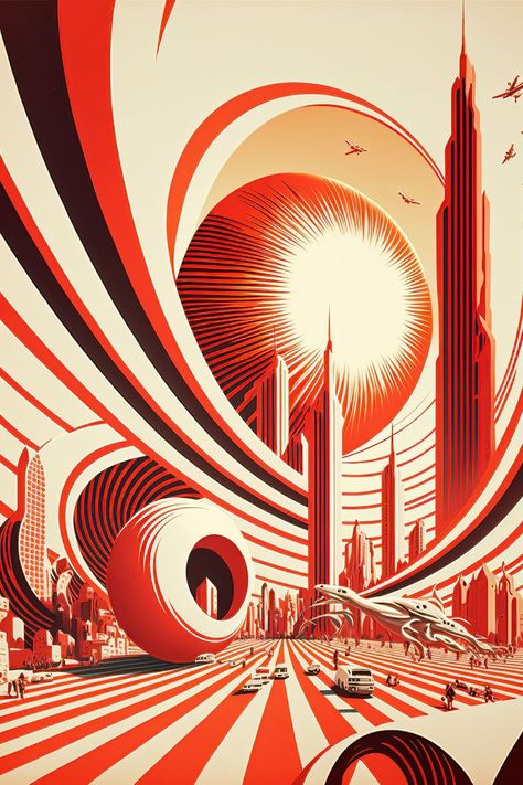 Artist ~ Micell A. Futuristic Painting Artworks, Avant Garde Poster Design, Retro Futurism Architecture, Futurist Painting, Future Illustration, Retro Futurism Art, Futurism Art, Art Deco Poster, Architecture Poster