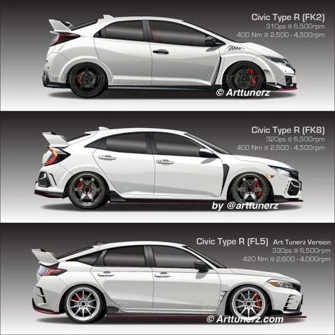 arttunerz on Instagram: "Here are the 3 generations of #turbovtec ! I decided to tune the new #civictyper #fl5 - didn't really like the original factory wing, felt it looked a bit odd. Decided to change it to a one piece OEM style spoiler, added front and splitter with red accents to continue the #typer accent, #ce28 wheels and lowered the car for a good stance! What do you think of the new Civic Type r now? 😎❤ P.s. Tuned Civic Type R generation option print now available! Link in bio ⬆️⬆️⬆️ Honda Civic New, Honda Civic Turbo, Honda Type R, Dibujos Toy Story, Honda Civic Car, Civic Car, Acura Cars, Mobile Logo, Honda Civic Hatchback