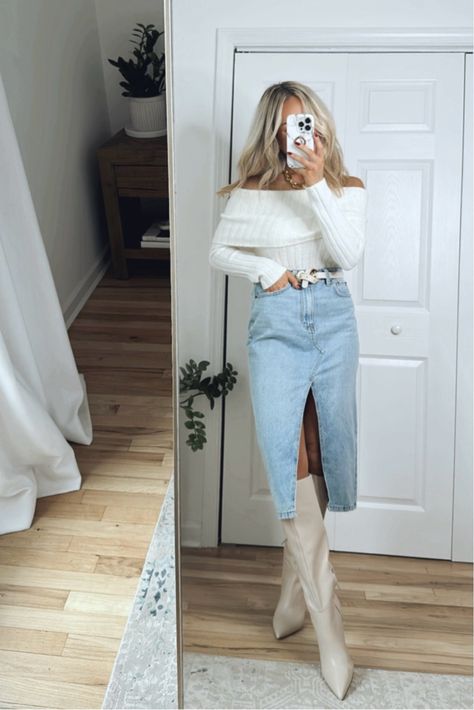 Women's Denim Midi Skirt curated on LTK Midi Denim Skirt Outfit Fall, Denim Midi Skirt Outfit Winter, Long Denim Skirt Outfit Winter, Denim Skirt Outfit Winter, Long Denim Skirt Outfits, Denim Skirt Outfit Fall, Skirt Outfits For Women, Midi Skirt Outfit Winter, Denim Midi Skirt Outfit