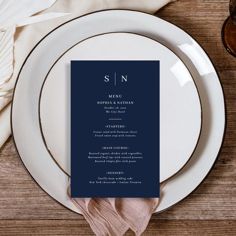 These elegant, modern wedding menu cards or rehearsal dinner menu cards feature a simple dark navy blue and white text design that exudes minimalist style. Add your initials or monogram to make them completely your own. Dark Navy Blue Wedding, Navy Blue Wedding Theme, Rehearsal Dinner Menu, Blue Menu, Menu Flyer, Elegant Modern Wedding, Blue Themed Wedding, Wedding Menu Cards, Navy Blue Wedding