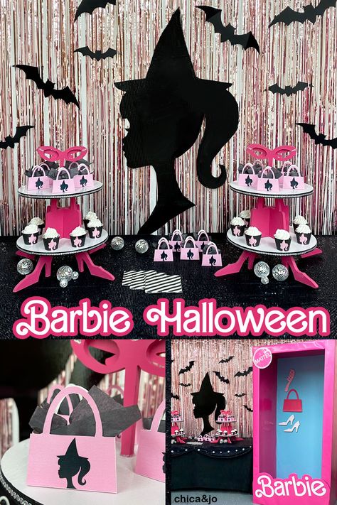 Barbie Halloween Birthday Party, Fall Barbie Party, Barbie Halloween Cake, Spooky Barbie Party, Barbie Halloween Party Ideas, Goth Barbie Party, Barbie Halloween Party Decorations, Halloween Barbie Party, Barbie Halloween Decor